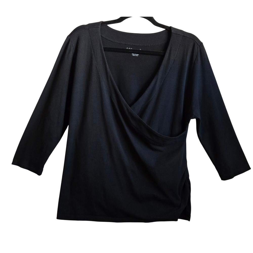 Soft Surroundings Comfy Chic Black Pima Cotton Modal Faux Wrap Top Petite XL